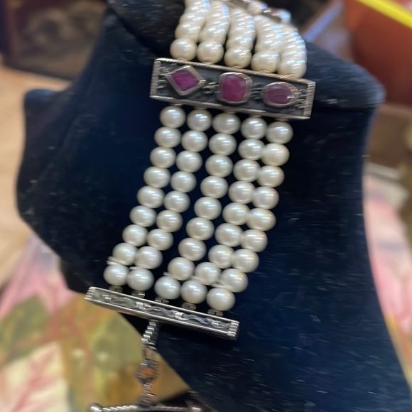 Sterling Silver, Ruby and Pearl 5 Strand Bracelet. - Picture 11 of 14